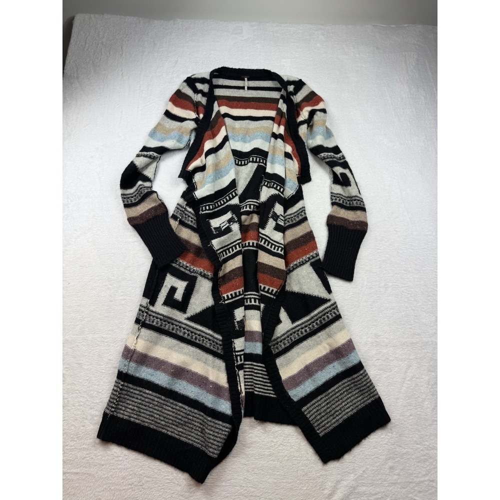 FREE PEOPLE Southwest Aztec Striped Asymmetric Open Front Knit Duster Coat Small